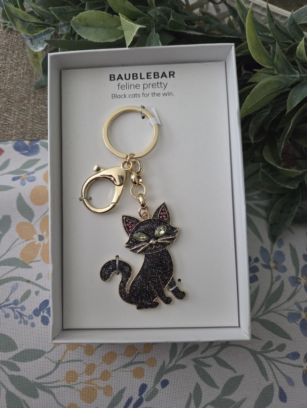 BaubleBar Gold & Black Glitter Cat Keychain Charm